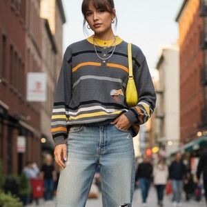 Vintage Lucia Striped Knit Sweater Golf Bird Embroidery Collar Button Neck Women